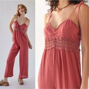 BDG Urban Outfitters Tilly Lace Inset Crochet Boho Gauze Jumpsuit Wide Leg XS